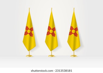 Three New Mexico flags in a row on a golden stand, illustration of press conference and other meetings. Vector illustration.