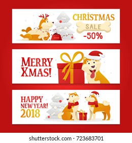 Three New Year 2018 and Christmas horizontal banners with yellow dogs symbol and gifts on the white background. Cute dog cartoon characters set vector illustration.
