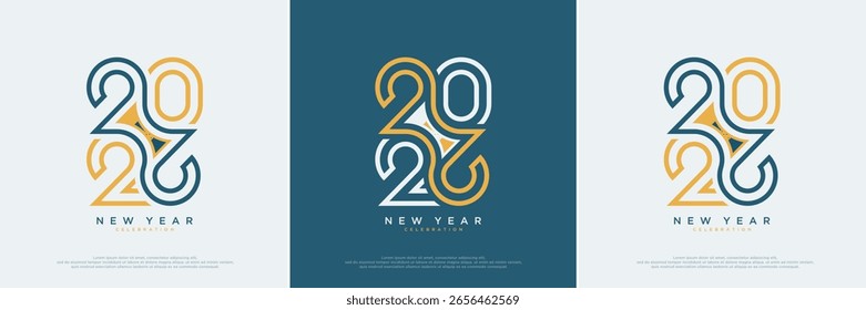 Três projetos de ano novo 2026 com fundos de cores diferentes e estilos de linha.