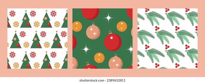 Three New Year and Christmas seamless patterns. Festive design with Christmas trees and balls. Vector.