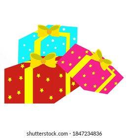 three new year gifts in red blue and pink with stars and a yellow bow