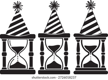 Three new year sand timers. Festive party. Celebrating the holiday season.