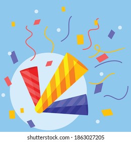 Three new year's trumpets. red, yellow and blue. blue background for new year celebration and Birthday celebration. flat design vector