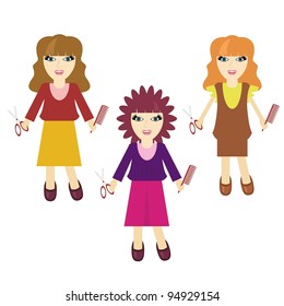 three nice hairdressers girls on white