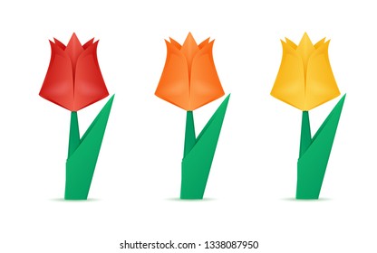 three nice paper origami tulip flowers red, orange and yellow, isolated on a white background