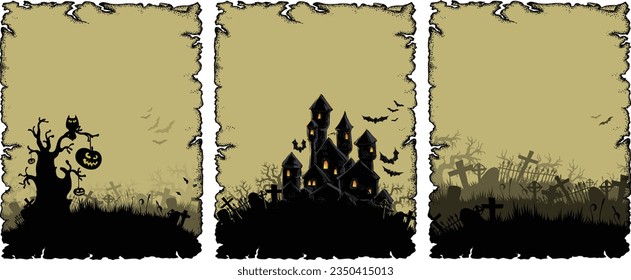 Three of night Halloween background with a cemetery and castle. High detailed realistic illustration