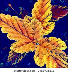 Three ninebark leaves in vibrant gradient colors of yellow, gold and orange against the background of navy-blue leaves of a shrub. A painted illustration in the low-poly style can be used as a poster.