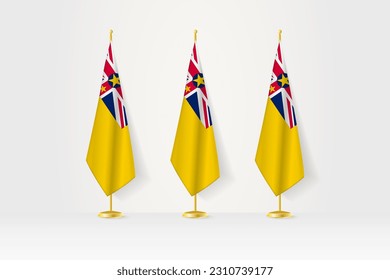 Three Niue flags in a row on a golden stand, illustration of press conference and other meetings. Vector illustration.