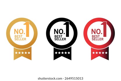 Three no.1 best seller award ribbon badges in black, red, and gold with star and crown design on white background
