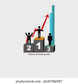 Three Node Business Growth Strategies PPT Template. People standing on podium in order 1 2 3 with up arrow and business growth bar on white background.