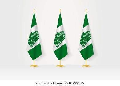 Three Norfolk Island flags in a row on a golden stand, illustration of press conference and other meetings. Vector illustration.