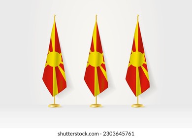 Three North Macedonia flags in a row on a golden stand, illustration of press conference and other meetings. Vector illustration.