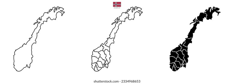 Tres mapas vectoriales de Noruega con bandera y estado en color. Mapa de fondo eps 10