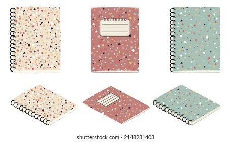 Tres cuadernos con motivos modernos. guardando un diario, escribiendo cartas, placeres diarios, haciendo notas. Vista frontal e isométrica. Objetos de oficina o de escuela. Estilo plano en ilustración vectorial.