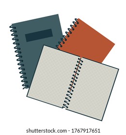 Tres cuadernos en una espiral sobre un fondo blanco.  volver a la escuela. abrir bloc de notas a cuadros. estacionalidad para ilustración de vector de estudio