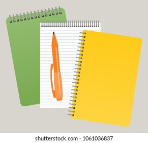 Three notepads and a pen. Vector illustration
