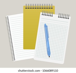 Three notepads and a pen. Vector illustration
