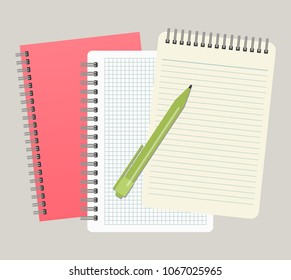 Three notepads and a pen. Vector illustration
