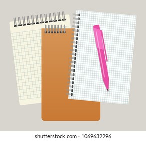 Three notepads and a pen. Vector illustration
