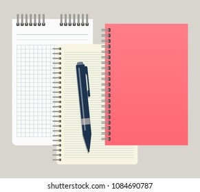 Three notepads and a pen. Vector illustration
