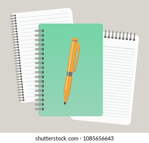 Three notepads and a pen. Vector illustration