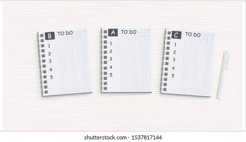 Three notepads with to-do lists. Layout of priority cases. Personal goals for new year. Vector illustration. 