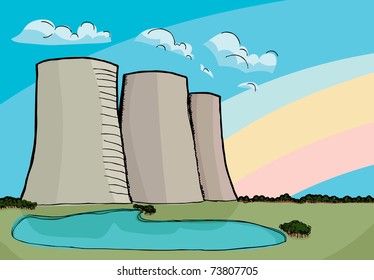 Three nuclear power plant cooling towers with rainbow and reflecting lake.