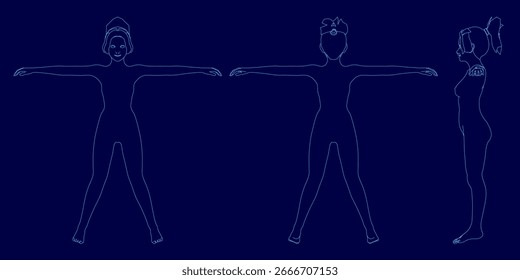 Três figuras nuas estão em uma linha com os braços estendidos, abraçando-se contra um fundo azul escuro. O desenho de contorno minimalista captura suas silhuetas em uma pose simples, mas expressiva.