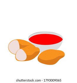Three nuggets in a pile on a white background with red sauce
