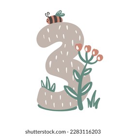 Three. Number 3. Abstract math kids alphabet. School child graphic vector illustration. Mathematics font design with flowers.
