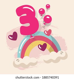 Three, Number 3 cute Rainbow birthday illustration. 