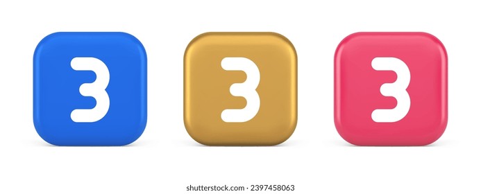 Three number button internet communication texting message character 3d realistic blue gold and pink icons. Third numeral keyboard emblem mathematical counting financial business