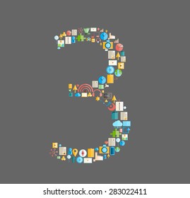 Three number social network with media icons, vector illustration