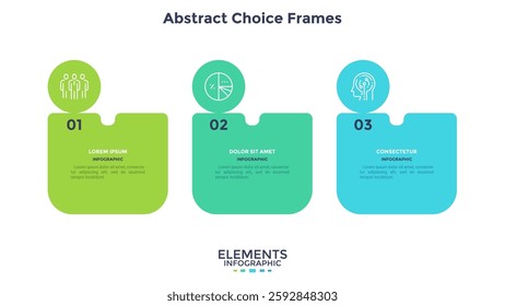 Three numbered abstract frames placed in horizontal row. Concept of 3 stages of marketing strategy. Modern flat infographic design template. Simple vector illustration for business presentation.