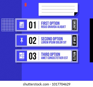 Three numbered banners/options in fancy geometric style on bright blue background