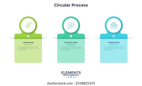 Three numbered circular frames placed in horizontal row. Concept of 3 stages of marketing strategy. Modern flat infographic design template. Simple vector illustration for business presentation.