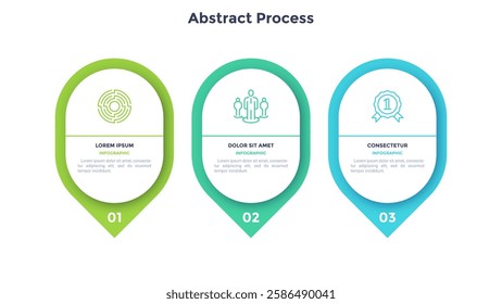 Three numbered circular frames placed in horizontal row. Concept of 3 stages of marketing strategy. Modern flat infographic design template. Simple vector illustration for business presentation.