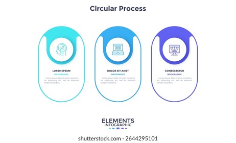 Three numbered circular frames placed in horizontal row. Concept of 3 stages of marketing strategy. Modern flat infographic design template. Simple vector illustration for business presentation.
