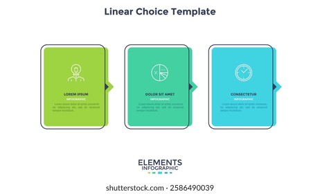 Three numbered rectangular frames with arrows placed in horizontal row. Concept of 3 stages of marketing strategy. Modern flat infographic design template.Vector illustration for business presentation