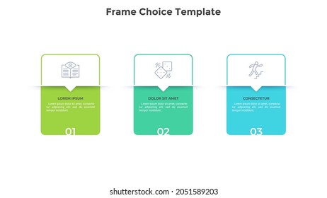 Three numbered rectangular frames placed in horizontal row. Concept of 3 stages of marketing strategy. Modern flat infographic design template. Simple vector illustration for business presentation.