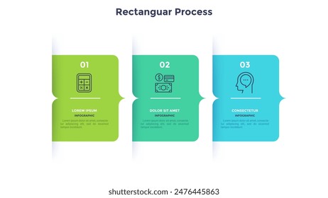Three numbered rectangular frames placed in horizontal row. Concept of 3 stages of marketing strategy. Modern flat infographic design template. Simple vector illustration for business 