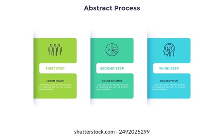 Three numbered rectangular frames placed in horizontal row. Concept of 3 stages of marketing strategy. Modern flat infographic design template. Simple vector illustration for business presentation.
