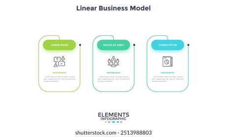 Três quadros retangulares numerados colocados na linha horizontal. Conceito de 3 fases da estratégia de comercialização. Modelo de design de infográfico plano moderno. Ilustração vetorial simples para apresentação de negócios.