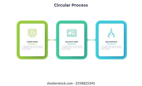 Three numbered rectangular frames placed in horizontal row. Concept of 3 stages of marketing strategy. Modern flat infographic design template. Simple vector illustration for business presentation.