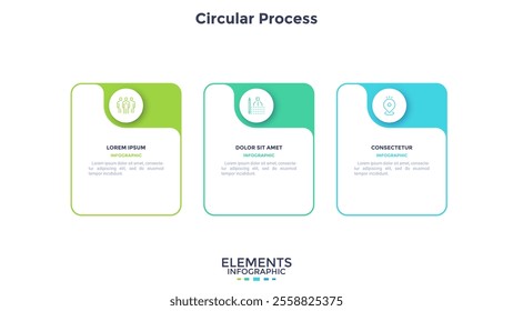 Three numbered rectangular frames placed in horizontal row. Concept of 3 stages of marketing strategy. Modern flat infographic design template. Simple vector illustration for business presentation.