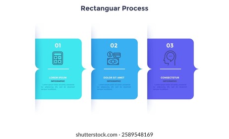 Three numbered rectangular frames placed in horizontal row. Concept of 3 stages of marketing strategy. Modern flat infographic design template. Simple vector illustration for business 