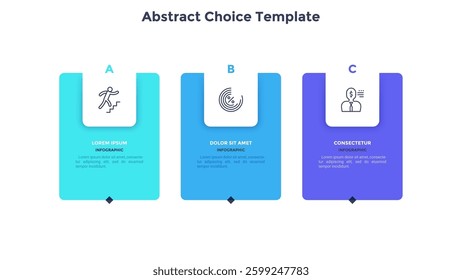 Three numbered rectangular frames placed in horizontal row. Concept of 3 stages of marketing strategy. Modern flat infographic design template. Simple vector illustration for business presentation.