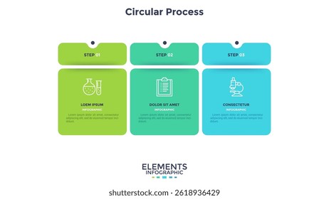 Three numbered rectangular frames placed in horizontal row. Concept of 3 stages of marketing strategy. Modern flat infographic design template. Simple vector illustration for business presentation.