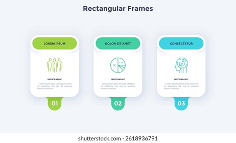 Three numbered rectangular frames placed in horizontal row. Concept of 3 stages of marketing strategy. Modern flat infographic design template. Simple vector illustration for business presentation.