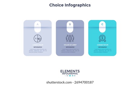 Três quadros retangulares numerados colocados na linha horizontal. Conceito de 3 fases da estratégia de comercialização. Modelo de design de infográfico plano moderno. Ilustração vetorial simples para apresentação de negócios.